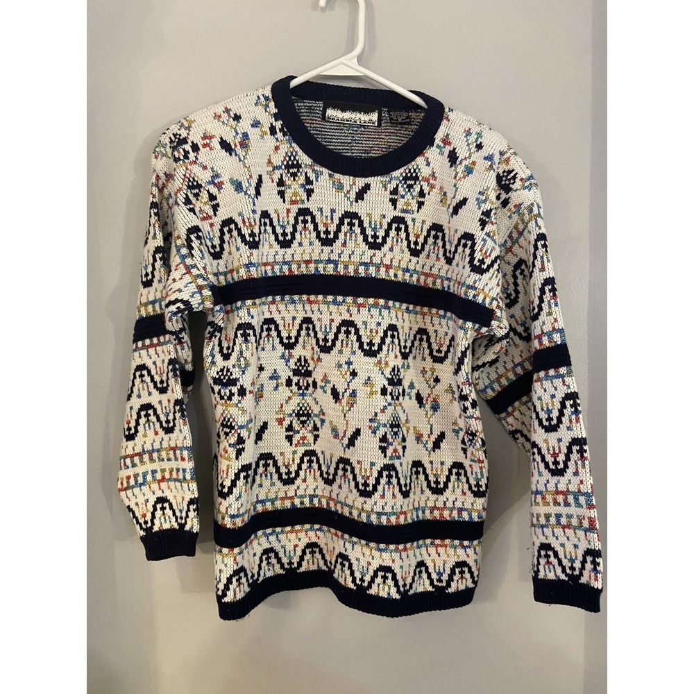 Vintage 80's Bramble Lane Womens Medium Ski Sweater Multi‎ Color Navy Trim M